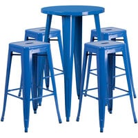 Flash Furniture CH-51080BH-4-30SQST-BL-GG 24" Round Blue Metal Indoor / Outdoor Bar Height Table with 4 Square Seat Backless Stools