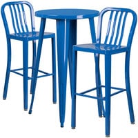 Flash Furniture CH-51080BH-2-30VRT-BL-GG 24 inch Round Blue Metal Indoor / Outdoor Bar Height Table with 2 Vertical Slat Back Stools