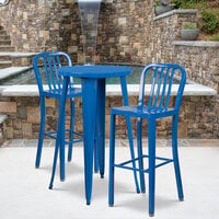 Flash Furniture CH-51080BH-2-30VRT-BL-GG 24 inch Round Blue Metal Indoor / Outdoor Bar Height Table with 2 Vertical Slat Back Stools