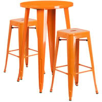 Flash Furniture CH-51080BH-2-30SQST-OR-GG 24" Round Orange Metal Indoor / Outdoor Bar Height Table with 2 Square Seat Backless Stools
