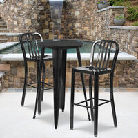 Flash Furniture CH-51080BH-2-30VRT-BK-GG 24 inch Round Black Metal Indoor / Outdoor Bar Height Table with 2 Vertical Slat Back Stools
