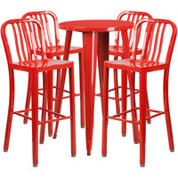 Flash Furniture CH-51080BH-4-30VRT-RED-GG 24" Round Red Metal Indoor / Outdoor Bar Height Table with 4 Vertical Slat Back Stools