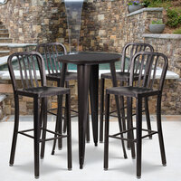 Flash Furniture CH-51080BH-4-30VRT-BQ-GG 24 inch Round Black-Antique Gold Metal Indoor / Outdoor Bar Height Table with 4 Vertical Slat Back Stools