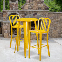 Flash Furniture CH-51080BH-2-30VRT-YL-GG 24 inch Round Yellow Metal Indoor / Outdoor Bar Height Table with 2 Vertical Slat Back Stools