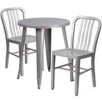 Flash Furniture CH-51080TH-2-18VRT-SIL-GG 24" Round Silver Metal Indoor / Outdoor Table with 2 Vertical Slat Back Chairs