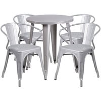 Flash Furniture CH-51080TH-4-18ARM-SIL-GG 24" Round Silver Metal Indoor / Outdoor Table with 4 Arm Chairs