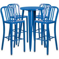 Flash Furniture CH-51080BH-4-30VRT-BL-GG 24" Round Blue Metal Indoor / Outdoor Bar Height Table with 4 Vertical Slat Back Stools