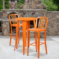 Flash Furniture CH-51080BH-2-30VRT-OR-GG 24 inch Round Orange Metal Indoor / Outdoor Bar Height Table with 2 Vertical Slat Back Stools