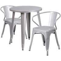 Flash Furniture CH-51080TH-2-18ARM-SIL-GG 24" Round Silver Metal Indoor / Outdoor Table with 2 Arm Chairs