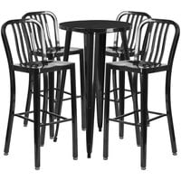 Flash Furniture CH-51080BH-4-30VRT-BK-GG 24 inch Round Black Metal Indoor / Outdoor Bar Height Table with 4 Vertical Slat Back Stools