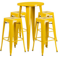 Flash Furniture CH-51080BH-4-30SQST-YL-GG 24" Round Yellow Metal Indoor / Outdoor Bar Height Table with 4 Square Seat Backless Stools
