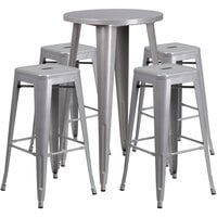 Flash Furniture CH-51080BH-4-30SQST-SIL-GG 24" Round Silver Metal Indoor / Outdoor Bar Height Table with 4 Square Seat Backless Stools