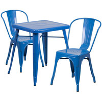 Flash Furniture CH-31330-2-30-BL-GG 23 3/4" Square Blue Metal Indoor / Outdoor Table with 2 Stack Chairs