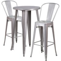 Flash Furniture CH-51080BH-2-30CAFE-SIL-GG 24" Round Silver Metal Indoor / Outdoor Bar Height Table with 2 Cafe Stools