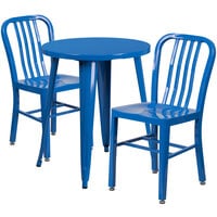 Flash Furniture CH-51080TH-2-18VRT-BL-GG 24 inch Round Blue Metal Indoor / Outdoor Table with 2 Vertical Slat Back Chairs