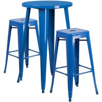 Flash Furniture CH-51080BH-2-30SQST-BL-GG 24" Round Blue Metal Indoor / Outdoor Bar Height Table with 2 Square Seat Backless Stools