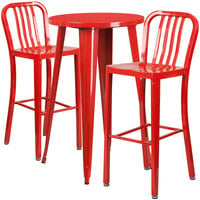 Flash Furniture CH-51080BH-2-30VRT-RED-GG 24" Round Red Metal Indoor / Outdoor Bar Height Table with 2 Vertical Slat Back Stools