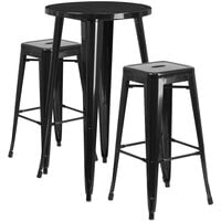 Flash Furniture CH-51080BH-2-30SQST-BK-GG 24" Round Black Metal Indoor / Outdoor Bar Height Table with 2 Square Seat Backless Stools