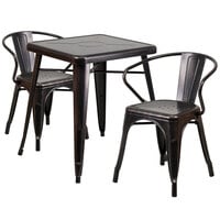Flash Furniture CH-31330-2-70-BQ-GG 23 3/4" Square Black-Antique Gold Metal Indoor / Outdoor Table with 2 Arm Chairs