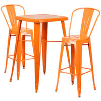 Flash Furniture CH-31330B-2-30GB-OR-GG 23 3/4" Square Orange Metal Indoor / Outdoor Bar Height Table with 2 Cafe Stools