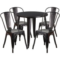 Flash Furniture CH-51090TH-4-18CAFE-BQ-GG 30" Round Black-Antique Gold Metal Indoor / Outdoor Table with 4 Cafe Chairs