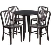 Flash Furniture CH-51090TH-4-18VRT-BQ-GG 30 inch Round Black-Antique Gold Metal Indoor / Outdoor Table with 4 Vertical Slat Back Chairs