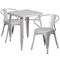 Flash Furniture CH-31330-2-70-SIL-GG 23 3/4" Square Silver Metal Indoor / Outdoor Table with 2 Arm Chairs