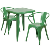 Flash Furniture CH-31330-2-70-GN-GG 23 3/4" Square Green Metal Indoor / Outdoor Table with 2 Arm Chairs