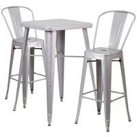 Flash Furniture CH-31330B-2-30GB-SIL-GG 23 3/4" Square Silver Metal Indoor / Outdoor Bar Height Table with 2 Cafe Stools