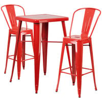 Flash Furniture CH-31330B-2-30GB-RED-GG 23 3/4" Square Red Metal Indoor / Outdoor Bar Height Table with 2 Cafe Stools