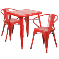 Flash Furniture CH-31330-2-70-RED-GG 23 3/4" Square Red Metal Indoor / Outdoor Table with 2 Arm Chairs