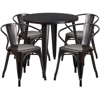 Flash Furniture CH-51090TH-4-18ARM-BQ-GG 30" Round Black-Antique Gold Metal Indoor / Outdoor Table with 4 Arm Chairs