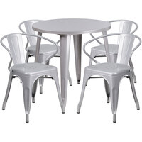 Flash Furniture CH-51090TH-4-18ARM-SIL-GG 30" Round Silver Metal Indoor / Outdoor Table with 4 Arm Chairs