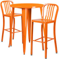 Flash Furniture CH-51090BH-2-30VRT-OR-GG 30" Round Orange Metal Indoor / Outdoor Bar Height Table with 2 Vertical Slat Back Stools