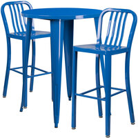 Flash Furniture CH-51090BH-2-30VRT-BL-GG 30 inch Round Blue Metal Indoor / Outdoor Bar Height Table with 2 Vertical Slat Back Stools