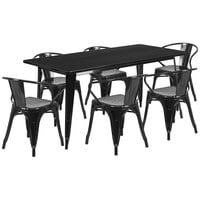Flash Furniture ET-CT005-6-70-BK-GG 31 1/2" x 63" Rectangular Black Metal Indoor / Outdoor Dining Height Table with 6 Arm Chairs