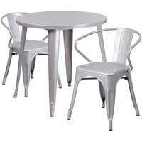 Flash Furniture CH-51090TH-2-18ARM-SIL-GG 30" Round Silver Metal Indoor / Outdoor Table with 2 Arm Chairs