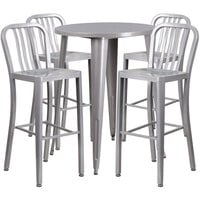 Flash Furniture CH-51090BH-4-30VRT-SIL-GG 30" Round Silver Metal Indoor / Outdoor Bar Height Table with 4 Vertical Slat Back Stools
