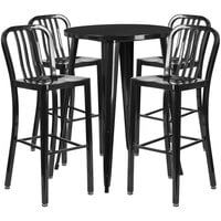 Flash Furniture CH-51090BH-4-30VRT-BK-GG 30 inch Round Black Metal Indoor / Outdoor Bar Height Table with 4 Vertical Slat Back Stools