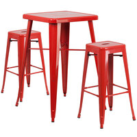 Flash Furniture CH-31330B-2-30SQ-RED-GG 24" Square Red Metal Indoor / Outdoor Bar Height Table with 2 Square Seat Backless Stools