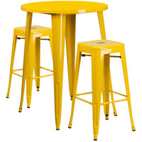 Flash Furniture CH-51090BH-2-30SQST-YL-GG 30" Round Yellow Metal Indoor / Outdoor Bar Height Table with 2 Square Seat Backless Stools