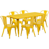 Flash Furniture ET-CT005-6-30-YL-GG 31 1/2" x 63" Rectangular Yellow Metal Indoor / Outdoor Dining Height Table with 6 Cafe Style Chairs