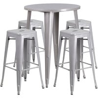 Flash Furniture CH-51090BH-4-30SQST-SIL-GG 30" Round Silver Metal Indoor / Outdoor Bar Height Table with 4 Square Seat Backless Stools