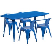Flash Furniture ET-CT005-4-70-BL-GG 31 1/2" x 63" Rectangular Blue Metal Indoor / Outdoor Dining Height Table with 4 Arm Chairs