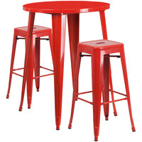 Flash Furniture CH-51090BH-2-30SQST-RED-GG 30" Round Red Metal Indoor / Outdoor Bar Height Table with 2 Square Seat Backless Stools