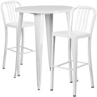 Flash Furniture CH-51090BH-2-30VRT-WH-GG 30 inch Round White Metal Indoor / Outdoor Bar Height Table with 2 Vertical Slat Back Stools