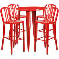 Flash Furniture CH-51090BH-4-30VRT-RED-GG 30" Round Red Metal Indoor / Outdoor Bar Height Table with 4 Vertical Slat Back Stools
