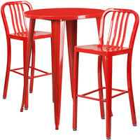 Flash Furniture CH-51090BH-2-30VRT-RED-GG 30" Round Red Metal Indoor / Outdoor Bar Height Table with 2 Vertical Slat Back Stools
