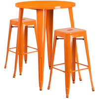Flash Furniture CH-51090BH-2-30SQST-OR-GG 30" Round Orange Metal Indoor / Outdoor Bar Height Table with 2 Square Seat Backless Stools