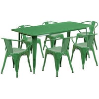 Flash Furniture ET-CT005-6-70-GN-GG 31 1/2" x 63" Rectangular Green Metal Indoor / Outdoor Dining Height Table with 6 Arm Chairs